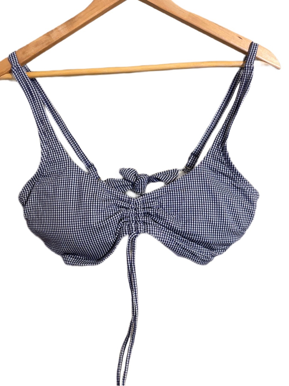 Women’s Kona Sol Gingham Navy Blue Checkered Bikini Top Cinch Adjustable D/DD